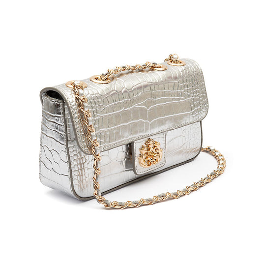 BOLSA ANNE EM COURO NEW CROCO PRATA OURO