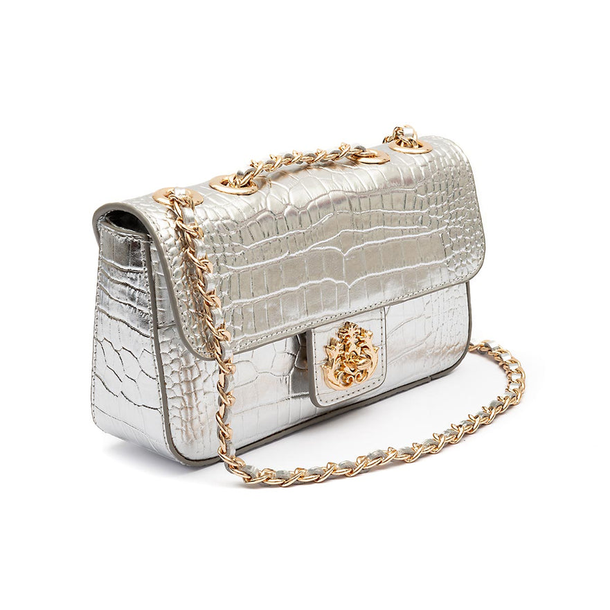 BOLSA ANNE EM COURO NEW CROCO PRATA OURO