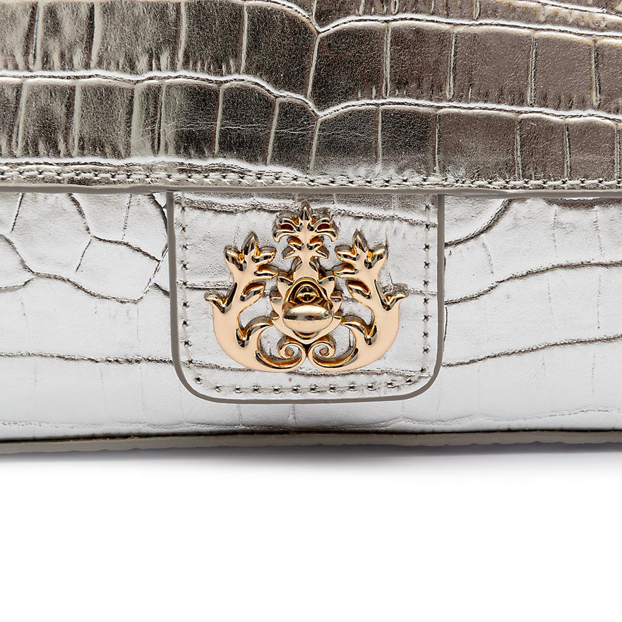 BOLSA ANNE EM COURO NEW CROCO PRATA OURO