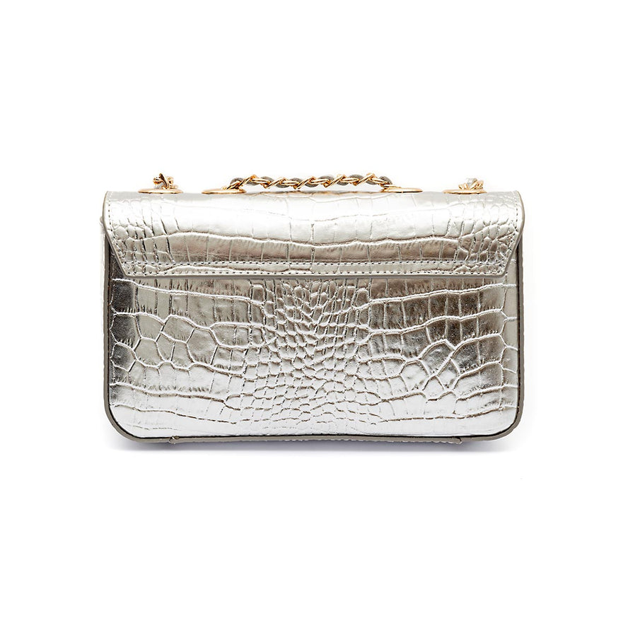 BOLSA ANNE EM COURO NEW CROCO PRATA OURO