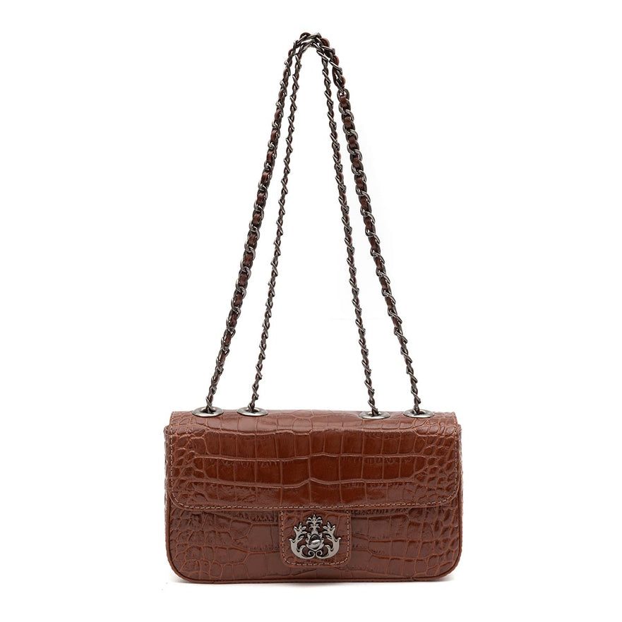 BOLSA ANNE EM COURO NEW CROCO CASTANHO ONIX