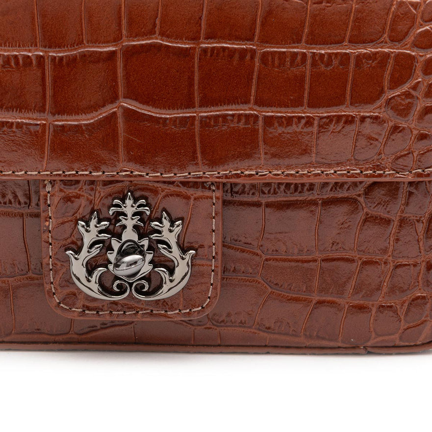 BOLSA ANNE EM COURO NEW CROCO CASTANHO ONIX