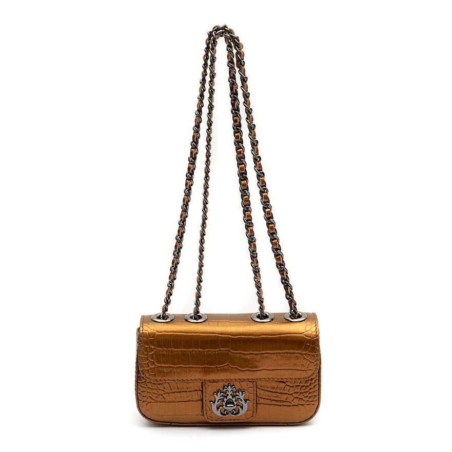 Mini Bolsa Anne Em Couro Natural NEW CROCO BRONZE ONIX