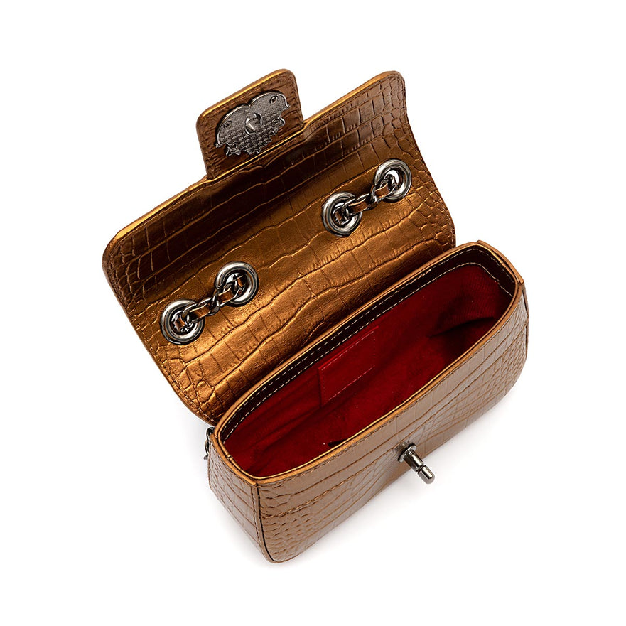 Mini Bolsa Anne Em Couro Natural NEW CROCO BRONZE ONIX