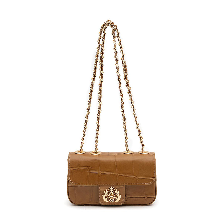 Mini Bolsa Anne Em Couro Natural Caiman Mel Ouro