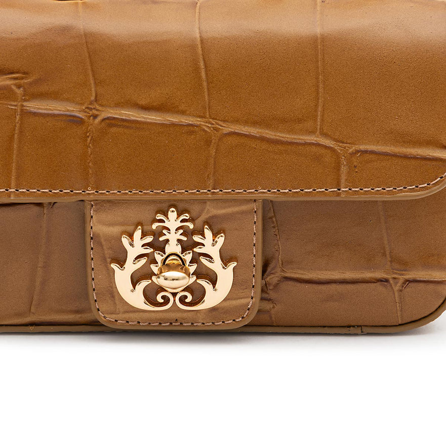 Mini Bolsa Anne Em Couro Natural Caiman Mel Ouro