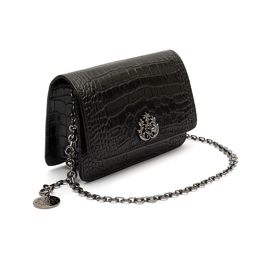 BOLSA CARTEIRA COM CORRENTE TRANSVERSAL FOREVER NEW CROCO PRETO ONIX