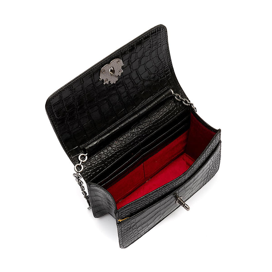BOLSA CARTEIRA COM CORRENTE TRANSVERSAL FOREVER NEW CROCO PRETO ONIX
