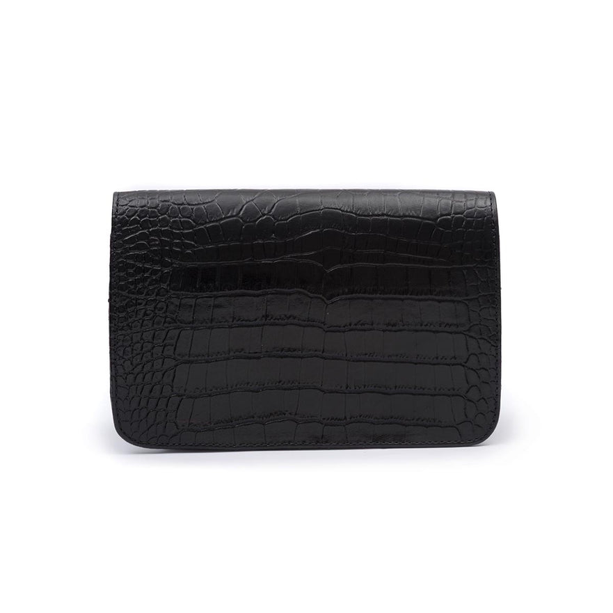 BOLSA CARTEIRA COM CORRENTE TRANSVERSAL FOREVER NEW CROCO PRETO OURO