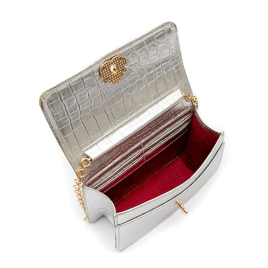 BOLSA CARTEIRA COM CORRENTE TRANSVERSAL FOREVER NEW CROCO PRATA OURO