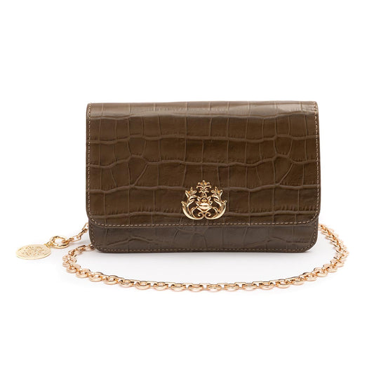 BOLSA CARTEIRA COM CORRENTE TRANSVERSAL MAXI CROCO OLIVA