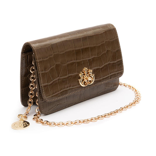 BOLSA CARTEIRA COM CORRENTE TRANSVERSAL MAXI CROCO OLIVA