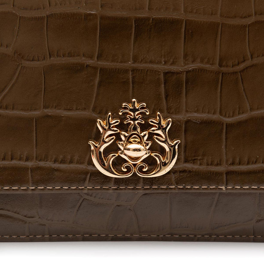 BOLSA CARTEIRA COM CORRENTE TRANSVERSAL MAXI CROCO OLIVA