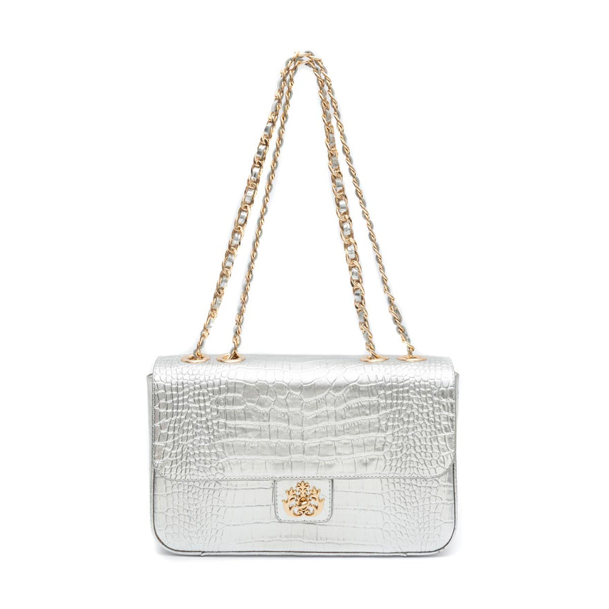 BOLSA ANNE JUMBO EM COURO NATURAL NEW CROCO PRATA OURO