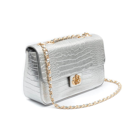 BOLSA ANNE JUMBO EM COURO NATURAL NEW CROCO PRATA OURO