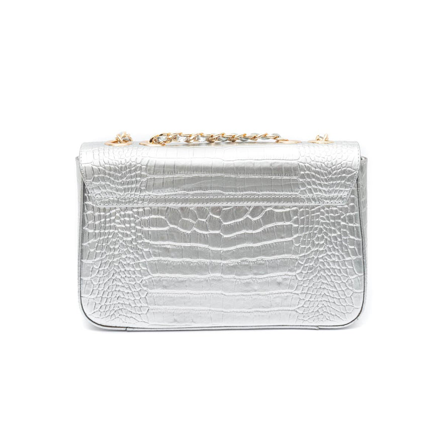 BOLSA ANNE JUMBO EM COURO NATURAL NEW CROCO PRATA OURO