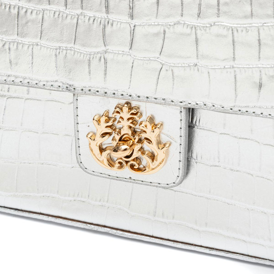 BOLSA ANNE JUMBO EM COURO NATURAL NEW CROCO PRATA OURO