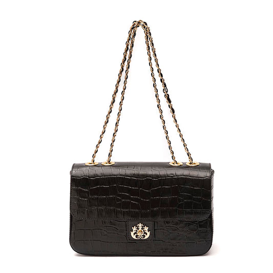 BOLSA BAGUETE ANNE JUMBO COURO MAXI CROCO PRETA OURO