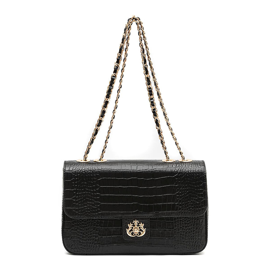 BOLSA ANNE JUMBO EM COURO NATURAL NEW CROCO PRETO OURO