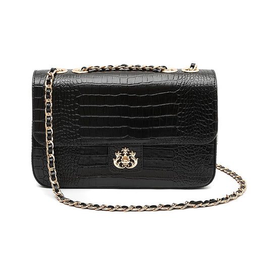 BOLSA ANNE JUMBO EM COURO NATURAL NEW CROCO PRETO OURO