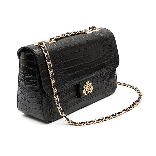 BOLSA ANNE JUMBO EM COURO NATURAL NEW CROCO PRETO OURO