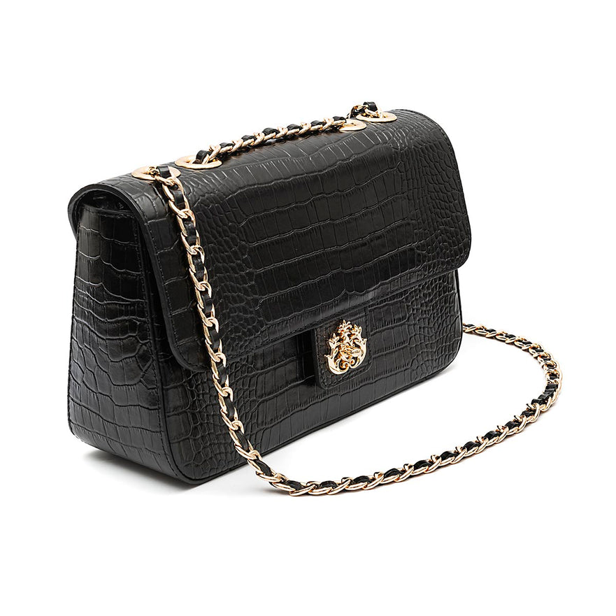 BOLSA ANNE JUMBO EM COURO NATURAL NEW CROCO PRETO OURO