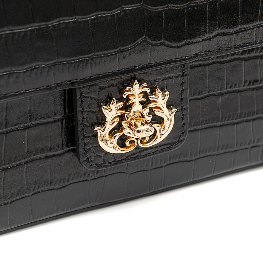 BOLSA ANNE JUMBO EM COURO NATURAL NEW CROCO PRETO OURO