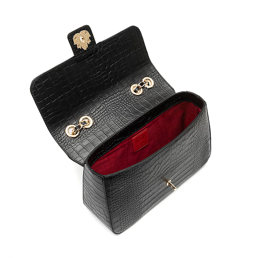 BOLSA ANNE JUMBO EM COURO NATURAL NEW CROCO PRETO OURO