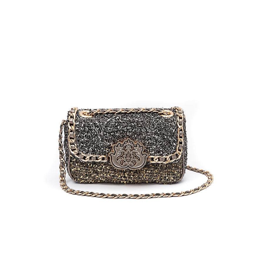 BOLSA MINI BAGUETE TWEED GLAM ROXY OURO