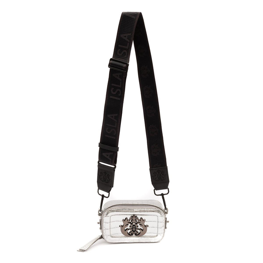MINI BOLSA DANCE ALÇA ESPORTIVA COURO NEW CROCO PRATA ONIX