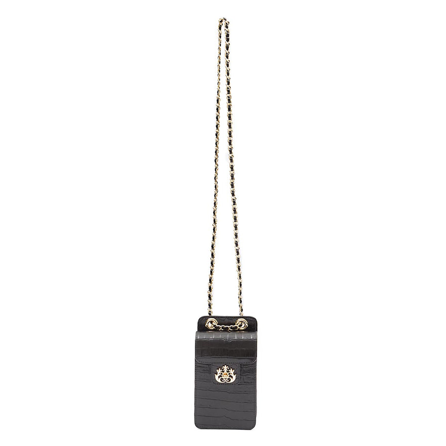 POUCH ANNE COM TAMPA EM COURO NEW CROCO PRETA OURO