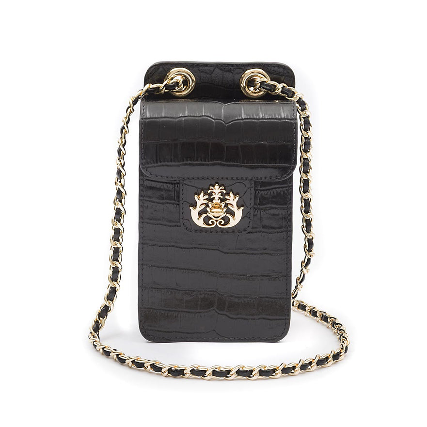 POUCH ANNE COM TAMPA EM COURO NEW CROCO PRETA OURO