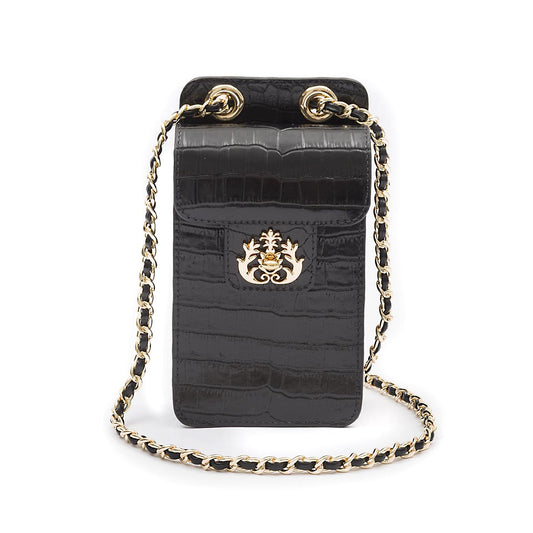 BOLSA POUCH ANNE CROCO PRETA OURO