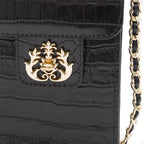 POUCH ANNE COM TAMPA EM COURO NEW CROCO PRETA OURO