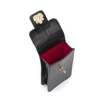POUCH ANNE COM TAMPA EM COURO NEW CROCO PRETA OURO
