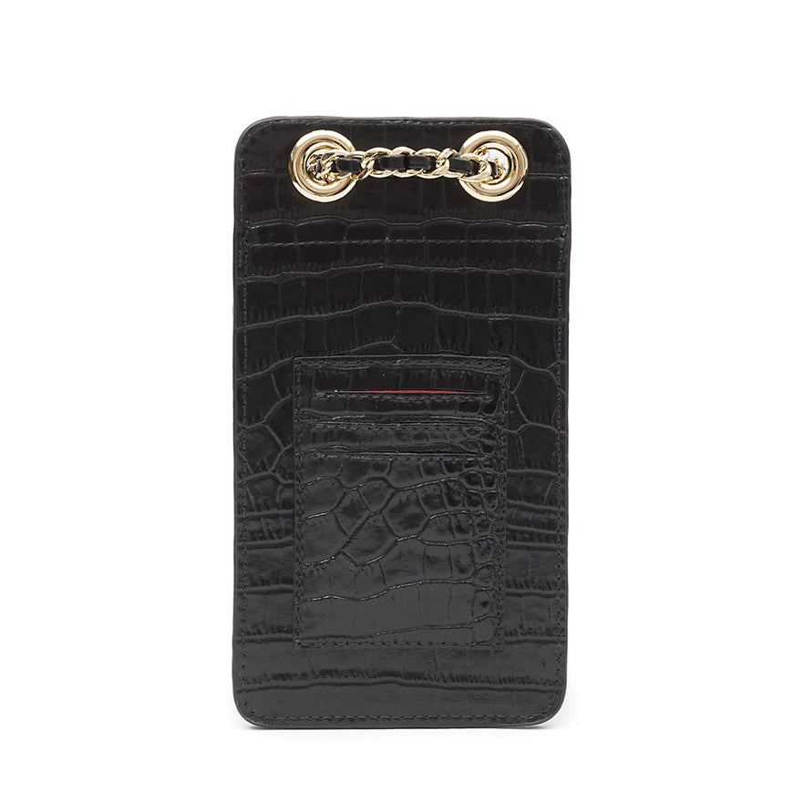 POUCH ANNE COM TAMPA EM COURO NEW CROCO PRETA OURO