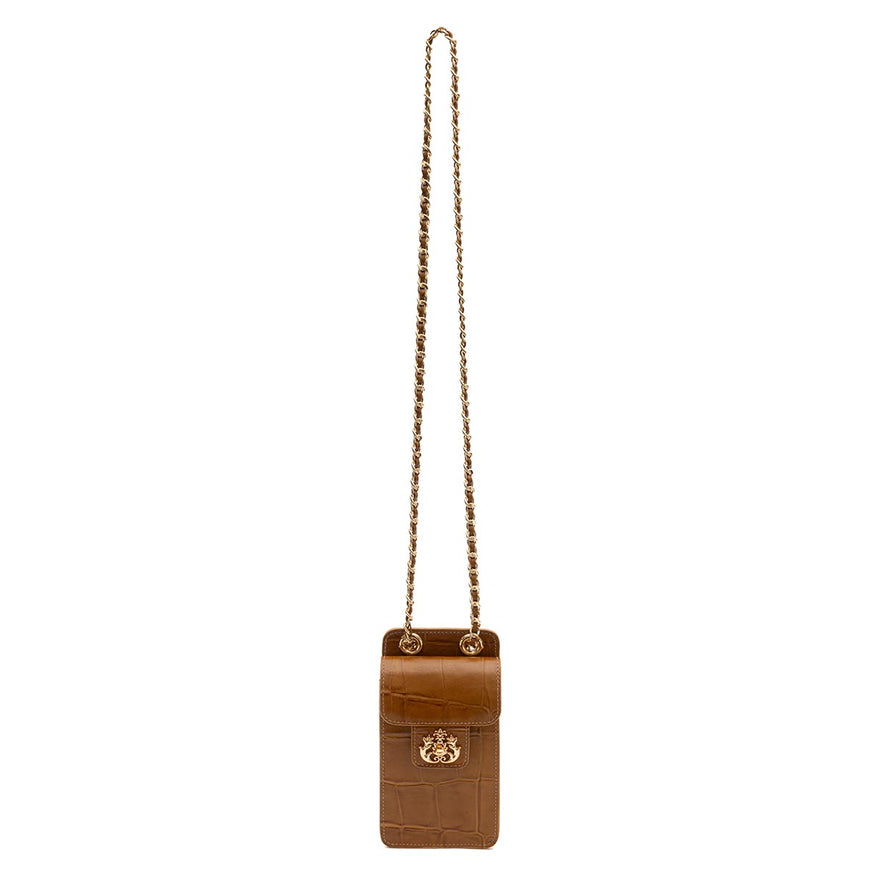POUCH ANNE COM TAMPA EM COURO CAIMAN MEL OURO