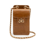 POUCH ANNE COM TAMPA EM COURO CAIMAN MEL OURO