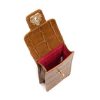 POUCH ANNE COM TAMPA EM COURO CAIMAN MEL OURO