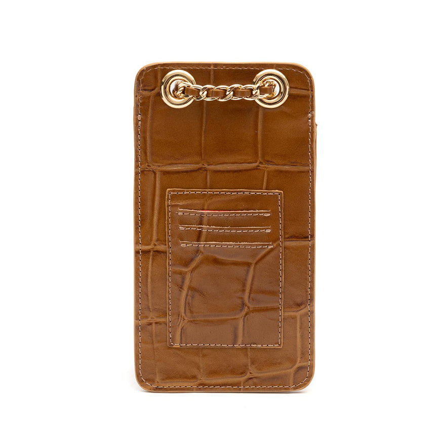 POUCH ANNE COM TAMPA EM COURO CAIMAN MEL OURO