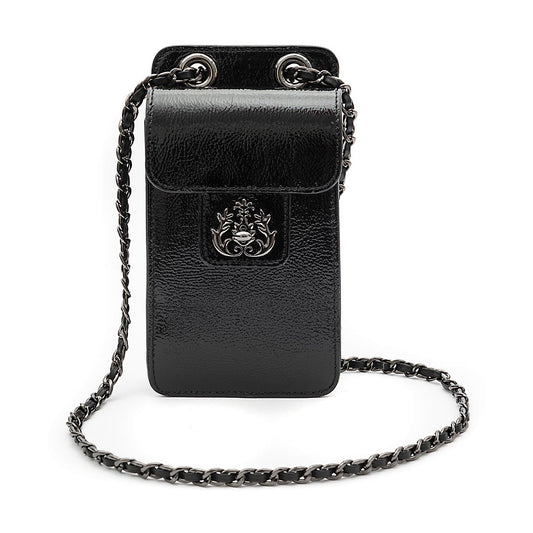 POUCH ANNE COM TAMPA EM COURO GLOSS PRETO ONIX