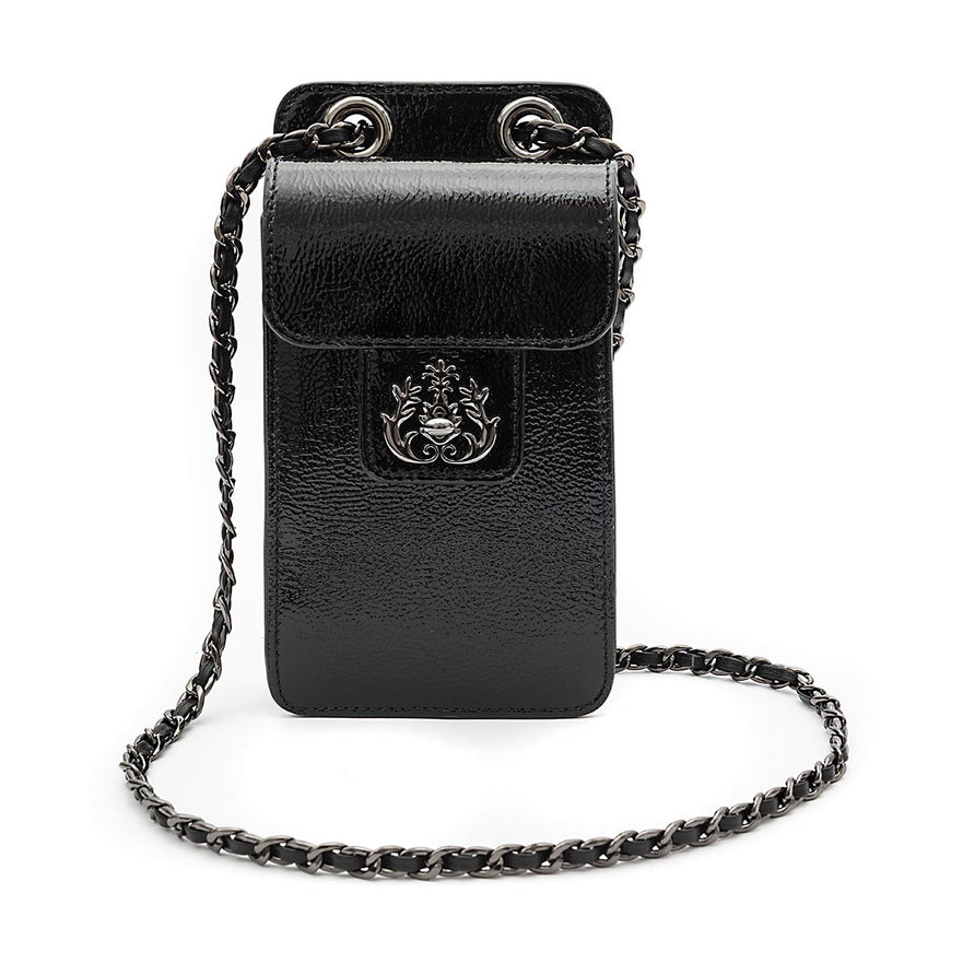 POUCH ANNE COM TAMPA EM COURO GLOSS PRETO ONIX