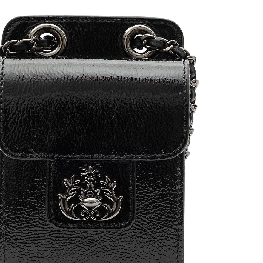 POUCH ANNE COM TAMPA EM COURO GLOSS PRETO ONIX
