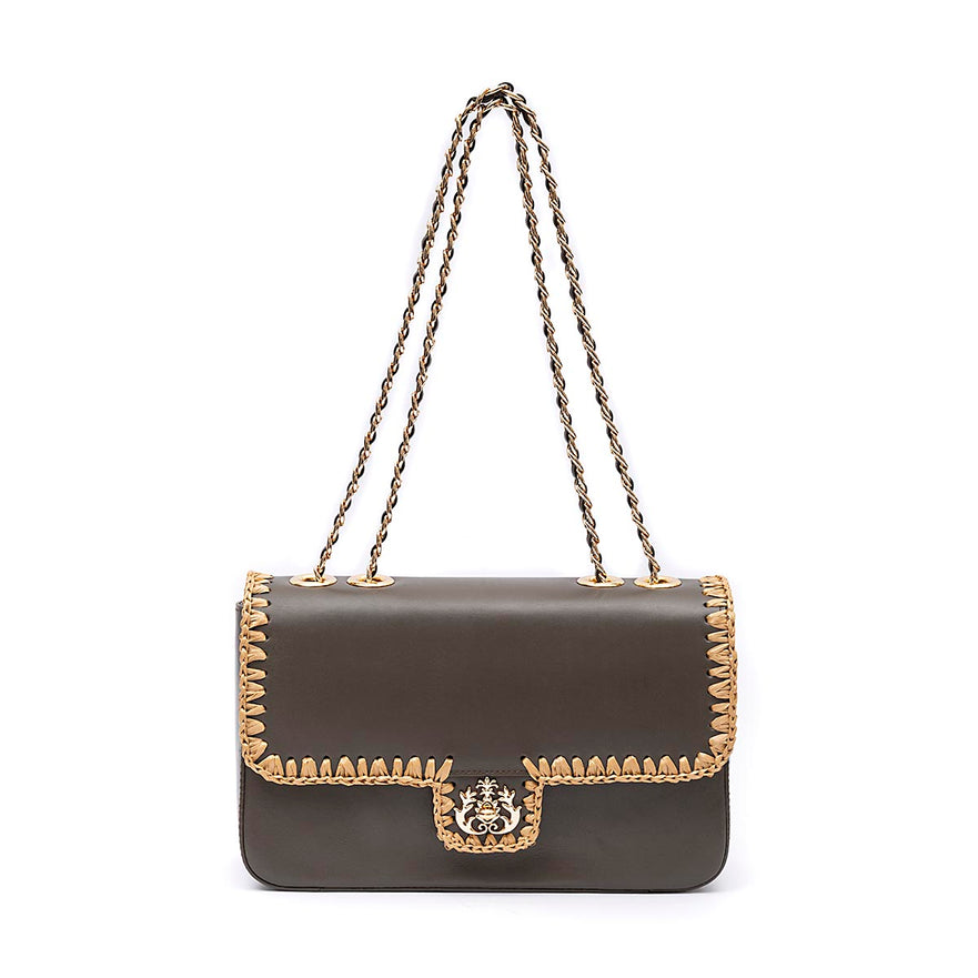 BOLSA ANNE JUMBO COURO WASHED OLIVA CROCHÊ NATURAL