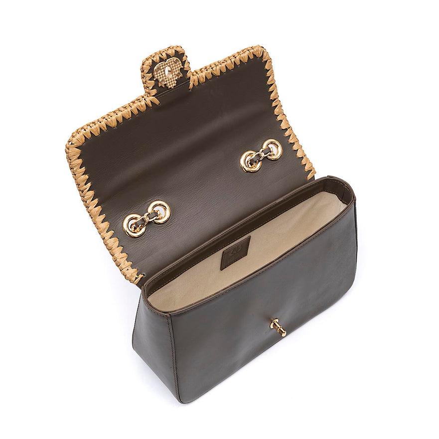 BOLSA ANNE JUMBO COURO WASHED OLIVA CROCHÊ NATURAL