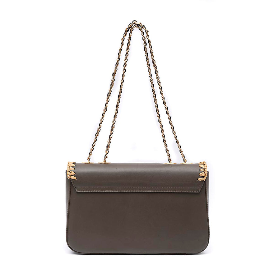 BOLSA ANNE JUMBO COURO WASHED OLIVA CROCHÊ NATURAL