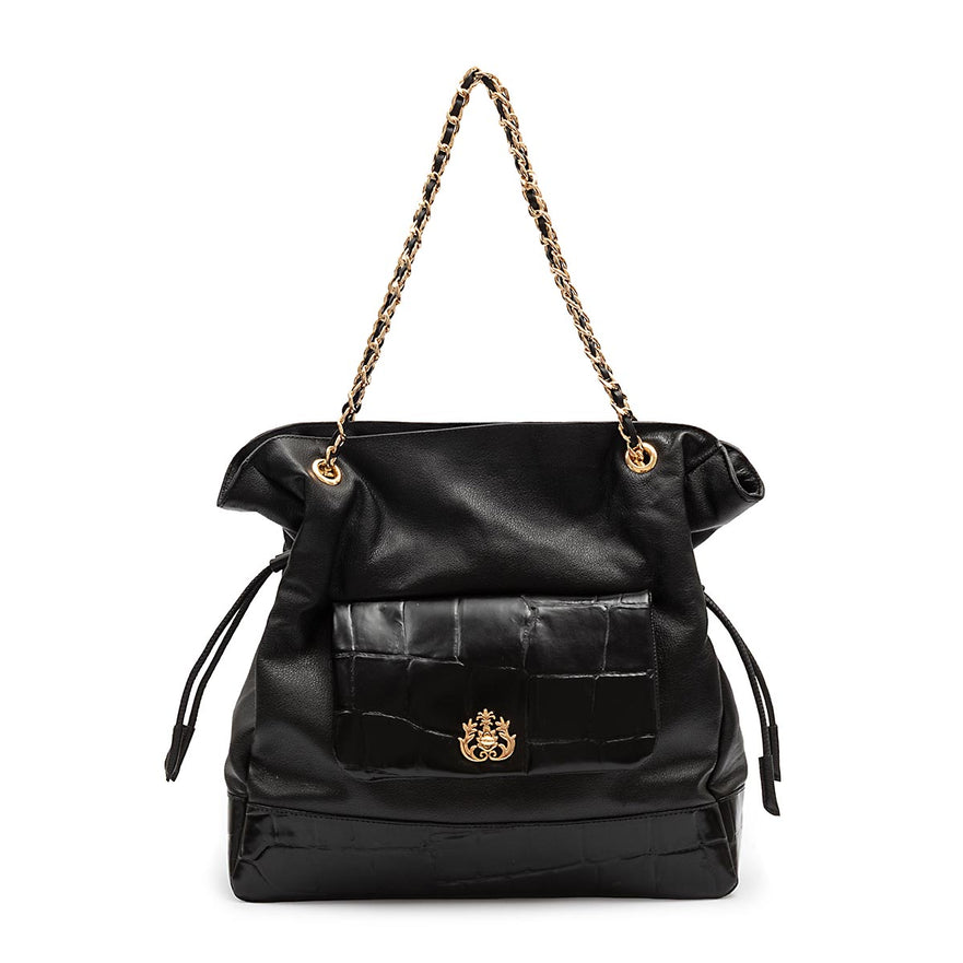 BOLSA MAXI TOTE DAHLIA COURO CAIMAN PRETO OURO