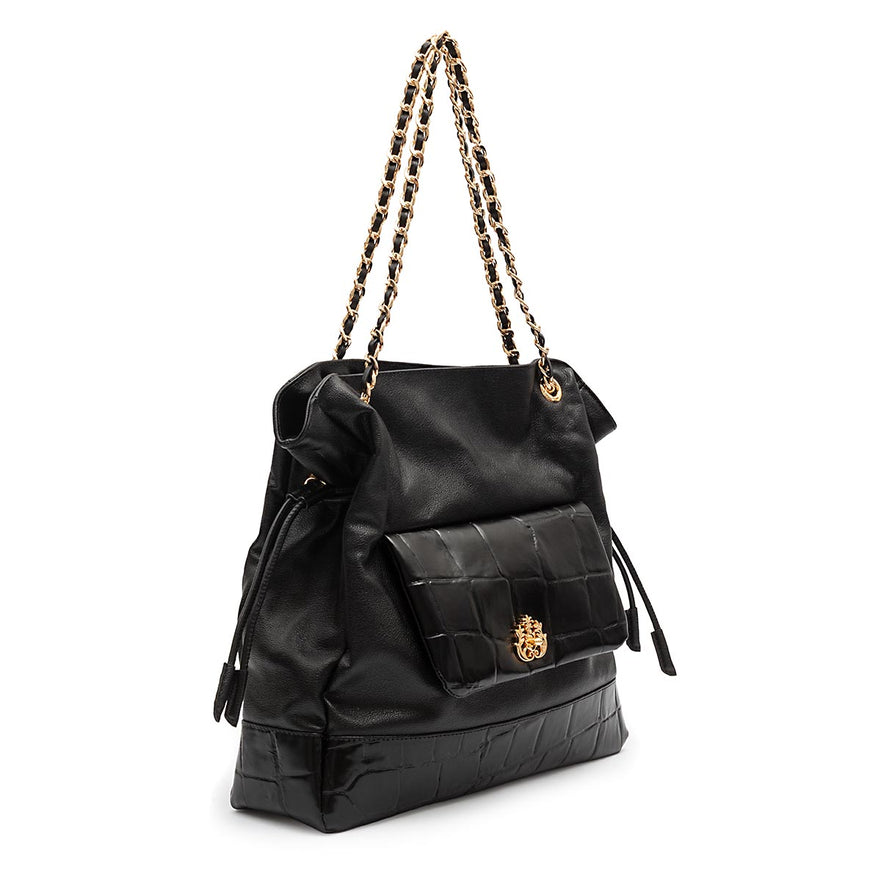 BOLSA MAXI TOTE DAHLIA COURO CAIMAN PRETO OURO