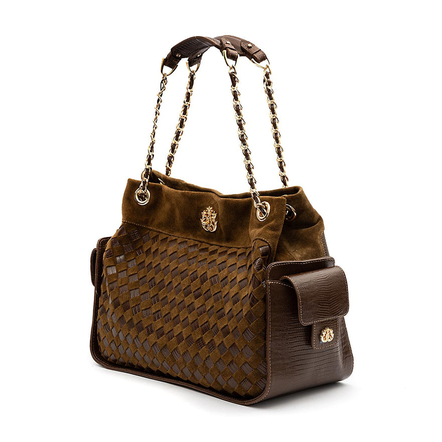 BOLSA TOTE TRESSÊ COURO CAMURÇA MASCAVO OURO