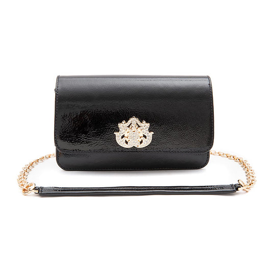 BOLSA CARTEIRA FOREVER IN  LOVE COURO GLOSS PRETO COM FECHO CRISTAL/ OURO